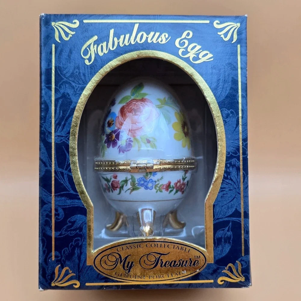 My Treasure Fabulous Egg Hand Painted Porcelain Floral Trinket Box Gold Feet